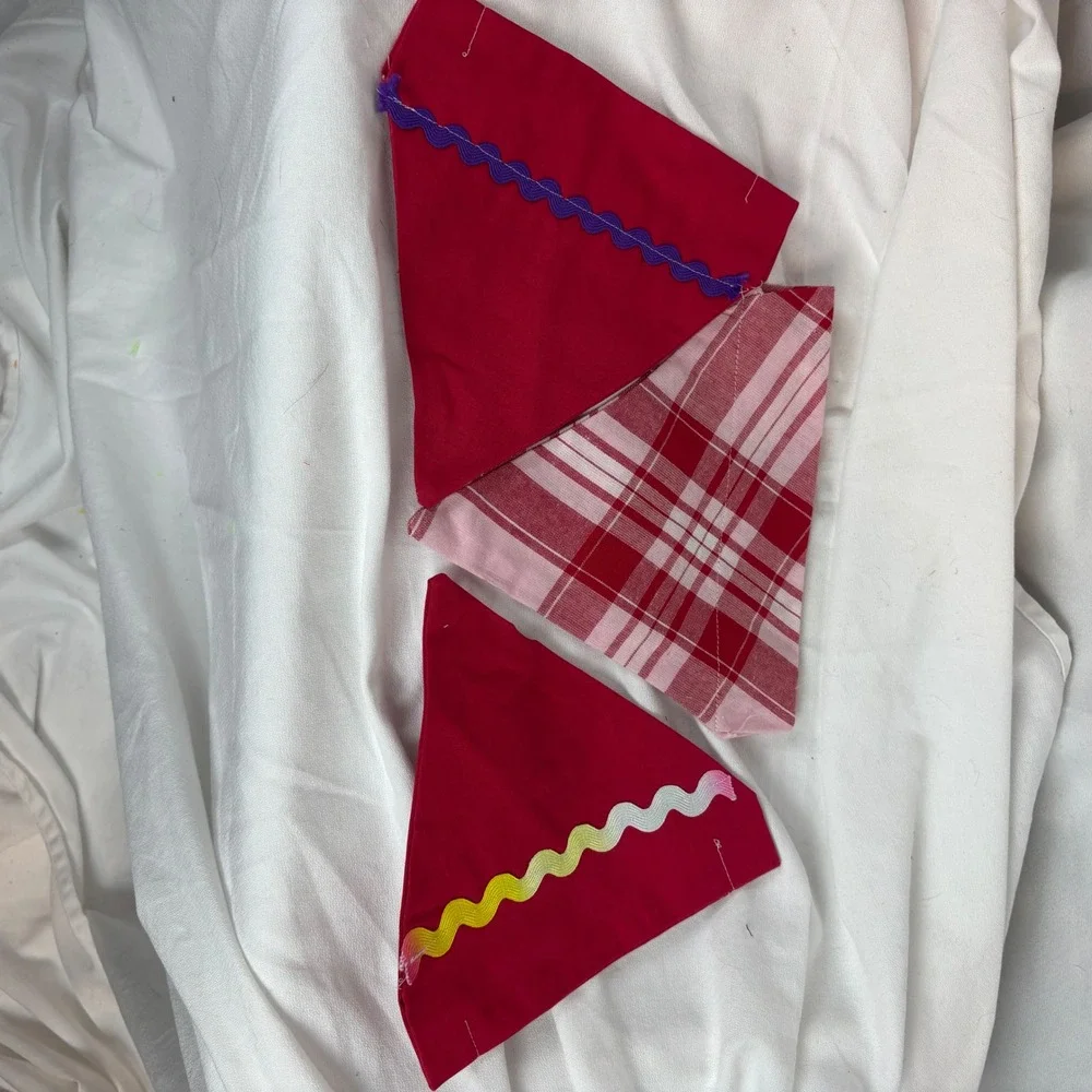 Handmade Dog‎ Bandana Set of 3 Pink Plaid & Purple Multi Rickrack Trim Sz M